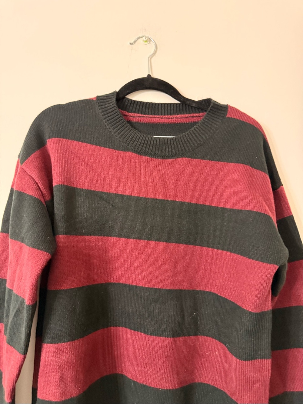 Men's Red and Black Striped Crewneck Sweater